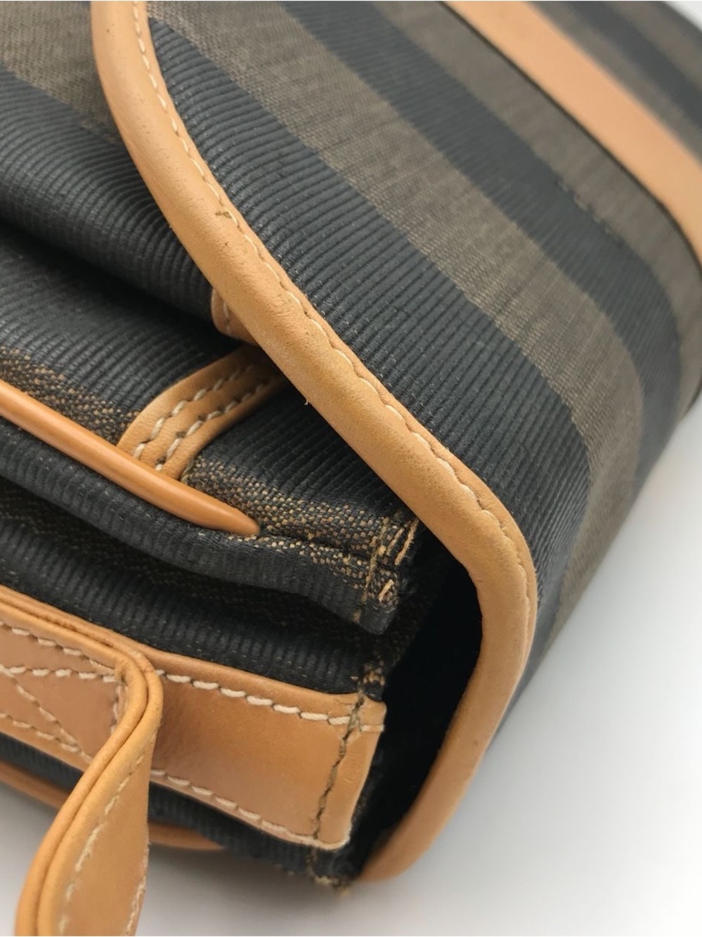 Fendi Pequin Stripe Crossbody Bag Vintage Brown Black Canvas Leather Flap Purse - Picture 5 of 14